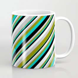 [ Thumbnail: Colorful Grey, Green, Dark Turquoise, Black, and Mint Cream Colored Lined/Striped Pattern Coffee Mug ]