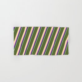 [ Thumbnail: Dark Olive Green, Tan, Dark Orchid, Dark Green, and White Colored Striped/Lined Pattern Hand & Bath Towel ]