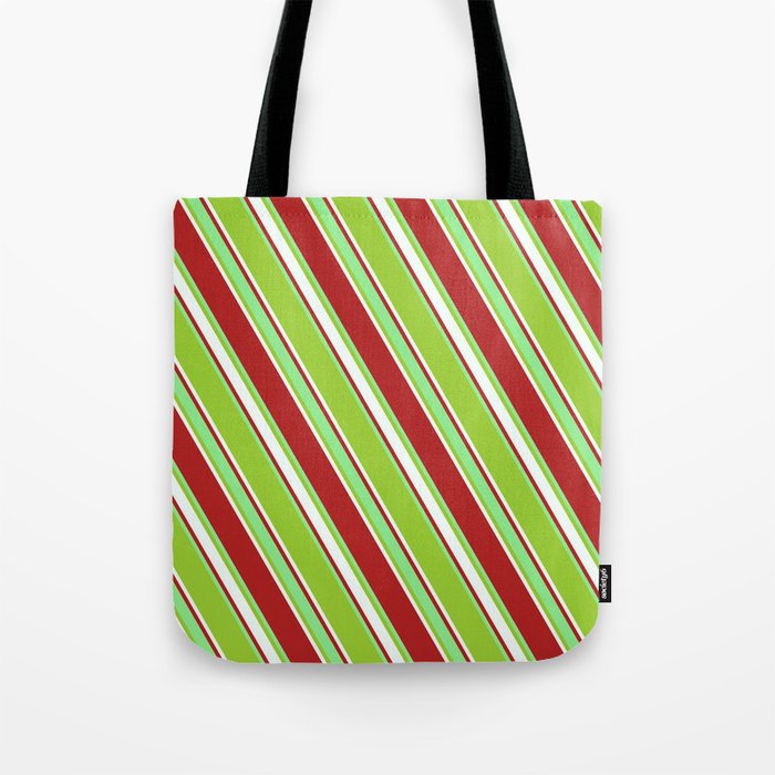 Red, Light Green, Green & Mint Cream Colored Lines Pattern Tote Bag
