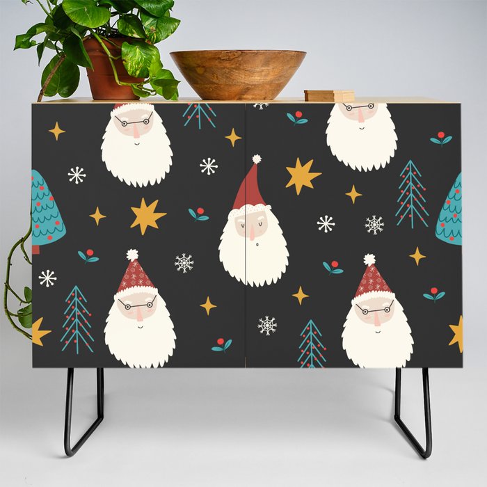 Cute Santa Claus Pattern with Stars and Christmas Trees  Credenza