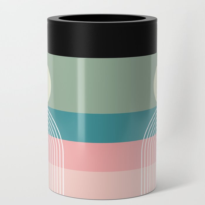 Geometric Rainbow Sun Abstract 15 in Sage Teal Pale Pink Can Cooler