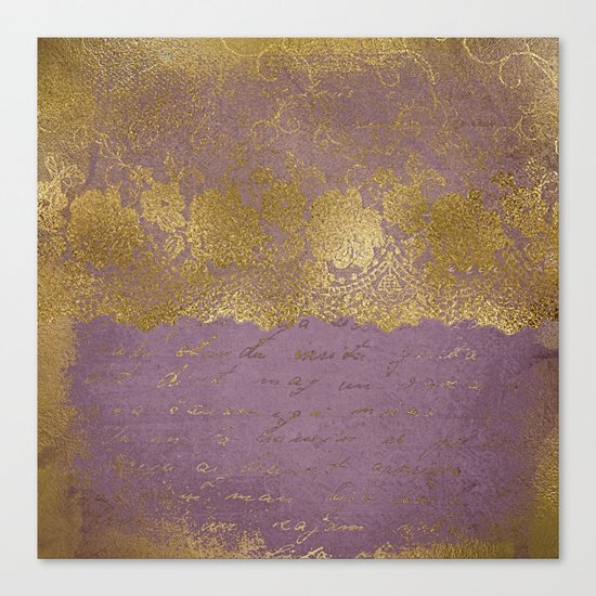 Romantic Bridal lace - Gold floral elegant lace on old purple paper Canvas Print