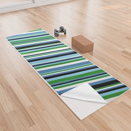 [ Thumbnail: Eye-catching Sky Blue, Forest Green, White, Blue & Black Colored Lined Pattern Yoga Towel ]