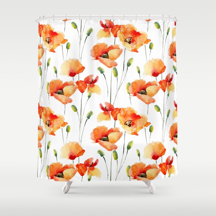 Hand Painted Orange Yellow Watercolor Poppies Floral Shower Curtain By Pink Water Society6