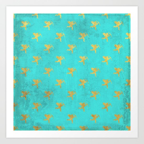 Gold Angels on aqua backround- pattern Art Print