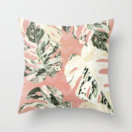 Pink and White Monstera Throw Pillow