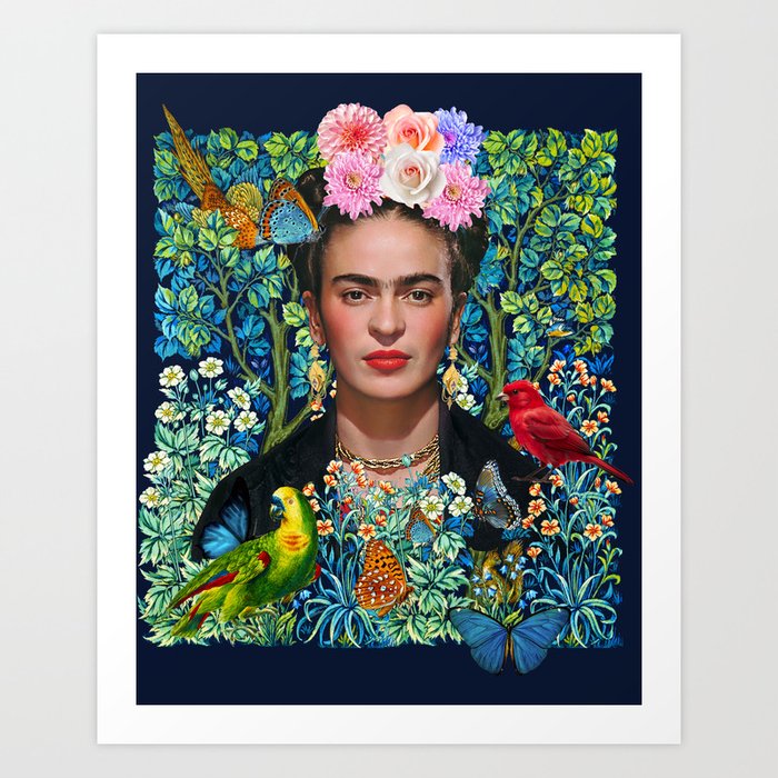 Frida Kahlo portrait Flowers colorful pattern Art Print