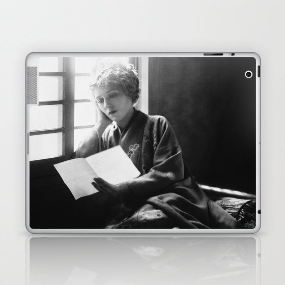 1918 Hollywood starlet actress Mary Pickford reading a love letter by the morning sunlight in window portrait black and white photograph - photography - photographs Laptop & iPad Skin