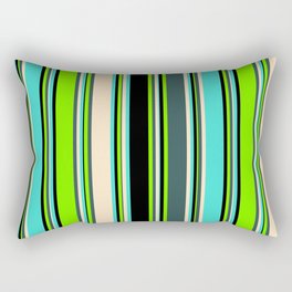 [ Thumbnail: Eyecatching Green, Dark Slate Gray, Bisque, Turquoise, and Black Colored Lined Pattern Rectangular Pillow ]