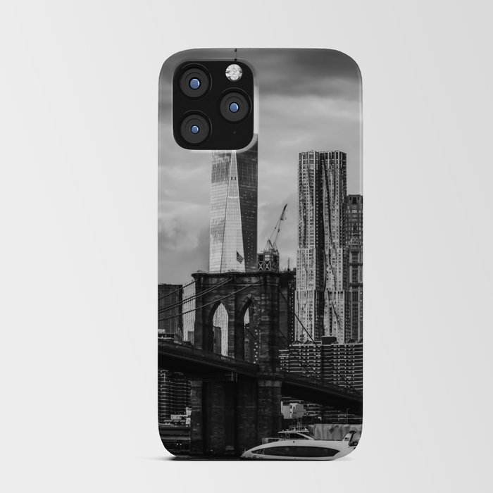 Brooklyn Bridge and Manhattan skyline at night in New York City black and white iPhone Card Case