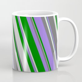 [ Thumbnail: Dim Gray, Purple, Green & Light Grey Colored Lined Pattern Coffee Mug ]