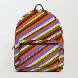 [ Thumbnail: Eyecatching Medium Slate Blue, Tan, Green, Dark Red & Chocolate Colored Striped/Lined Pattern Backpack ]