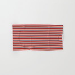 [ Thumbnail: Dark Salmon, Red & Light Slate Gray Colored Stripes Pattern Hand & Bath Towel ]