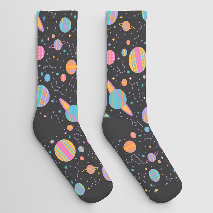 Neon Geometric Space on Black Socks