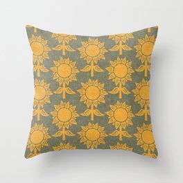 block print sunflowers - yellow on green Throw Pillow