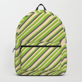 [ Thumbnail: Bisque, Green & Dim Gray Colored Pattern of Stripes Backpack ]