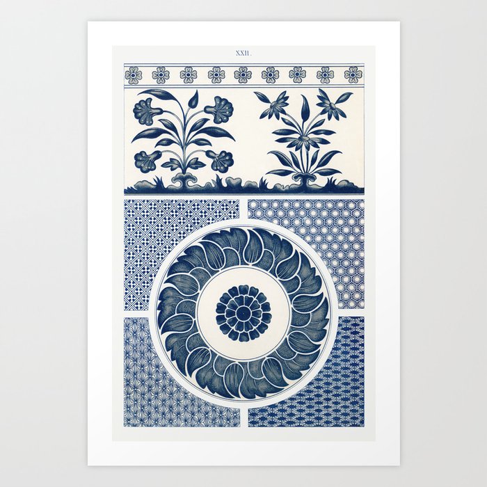 Floral Blue and White Illustration x Owen Jones Vintage Illustration Art Print