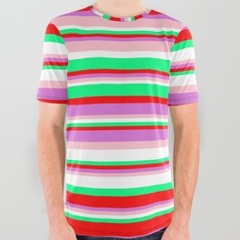 [ Thumbnail: Colorful Green, Red, Orchid, Pink, and White Colored Pattern of Stripes All Over Graphic Tee ]