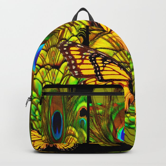 FANTASY YELLOW MONARCH BUTTERFLY PEACOCK FEATHER ART Backpack