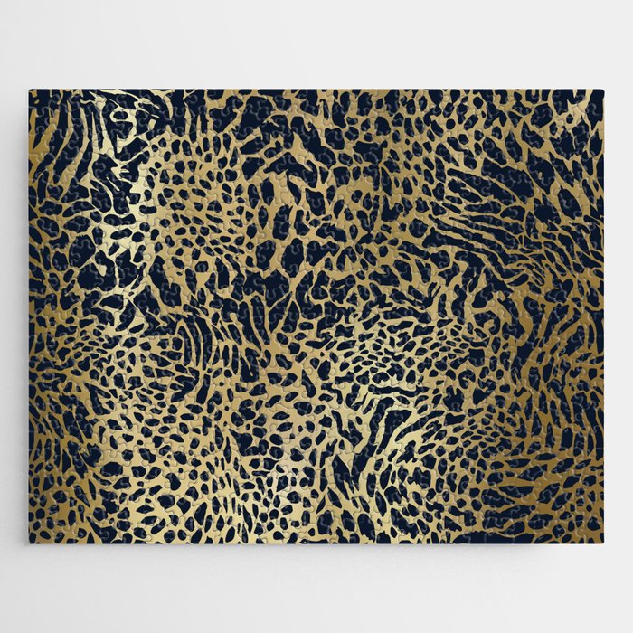 Leopard Print Pattern, Navy Blue and Gold Jigsaw Puzzle