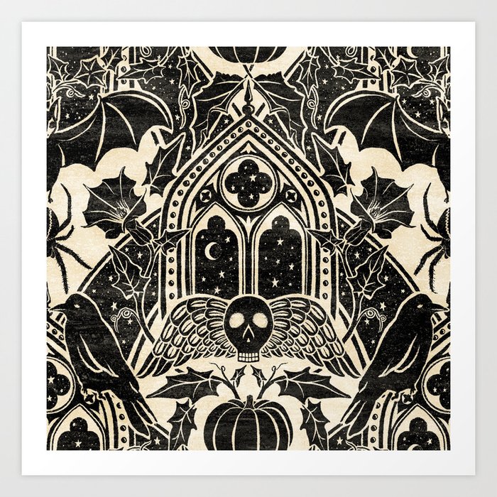 Gothic Halloween Damask - black and cream Art Print