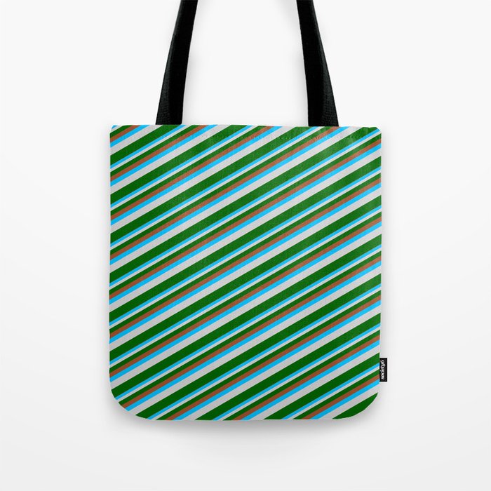 Sienna, Deep Sky Blue, Light Gray & Dark Green Colored Lined/Striped Pattern Tote Bag