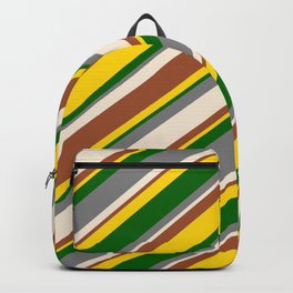 [ Thumbnail: Eye-catching Gray, Beige, Sienna, Yellow, and Dark Green Colored Lines/Stripes Pattern Backpack ]