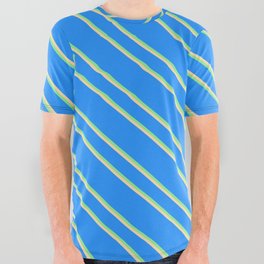 [ Thumbnail: Blue, Light Green & Tan Colored Striped/Lined Pattern All Over Graphic Tee ]