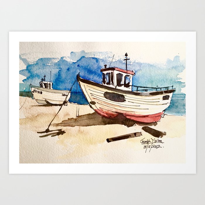 Fishing boats on the beach Art Print