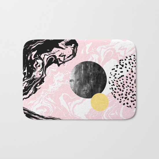 Gloriana - galaxy outer space abstract painting planets moon sun black and white pastel pink gold Bath Mat