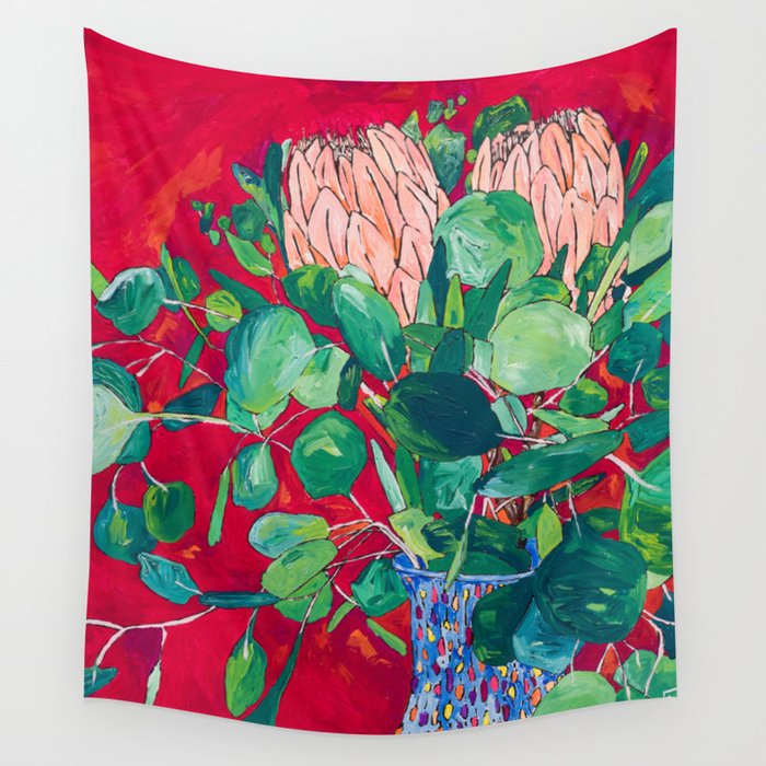 Two Proteas on Red Pink and Purple Floral Still Life with Fynbos Wall Tapestry