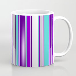 [ Thumbnail: Eyecatching Turquoise, Dark Violet, Grey, Indigo, and White Colored Pattern of Stripes Coffee Mug ]