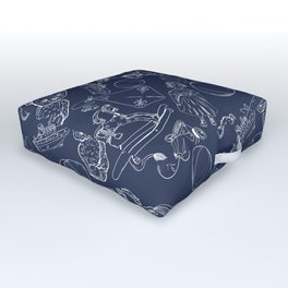 Navy Blue and White Toys Outline Pattern Outdoor Floor Cushion