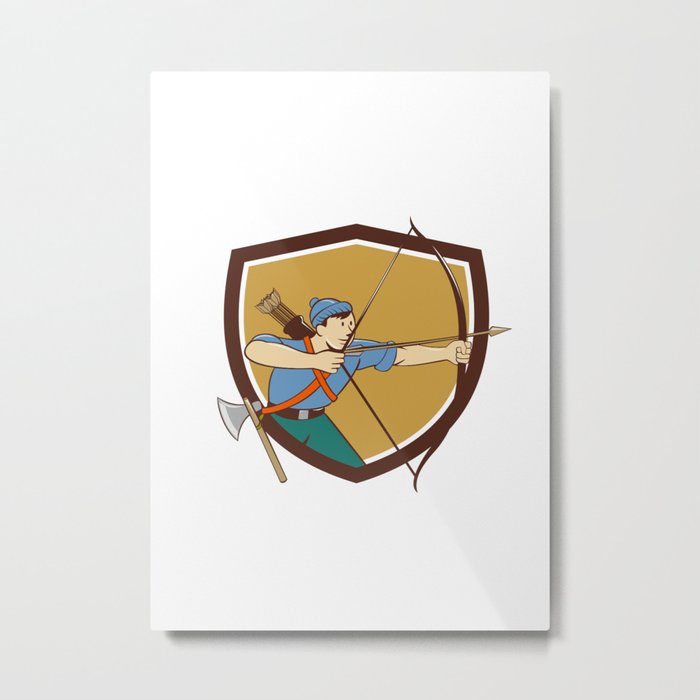 Archer Aiming Long Bow Arrow Cartoon Crest Metal Print