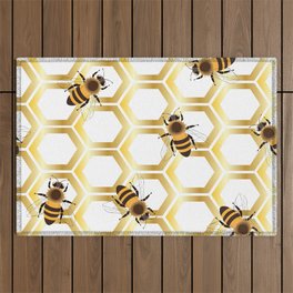  Golden honeycomb with honeybees on a white background. Outdoor Rug