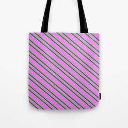 [ Thumbnail: Violet, Lime Green & Dark Green Colored Pattern of Stripes Tote Bag ]