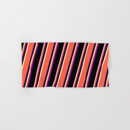 [ Thumbnail: Tan, Red, Indigo, and Black Colored Striped/Lined Pattern Hand & Bath Towel ]