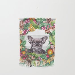 Frenchie in the christmas wreath Wall Hanging