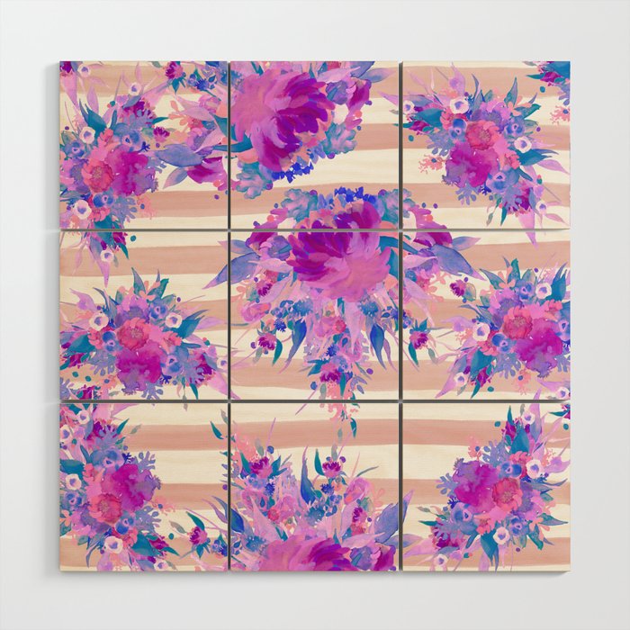 Abstract Fuchsia Pink Lavender Blue Watercolor Floral Stripes Wood Wall Art