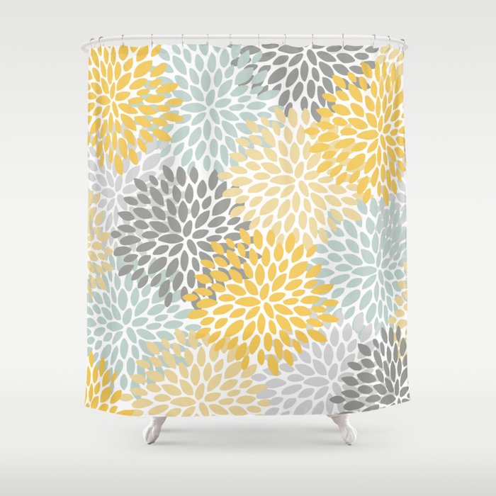 Floral Pattern, Yellow, Pale, Aqua and Gray Shower Curtain