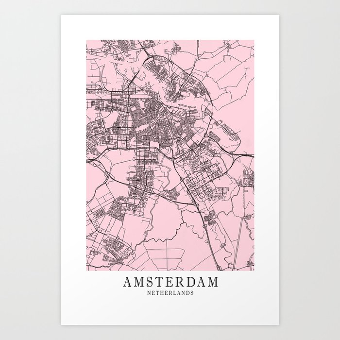 Amsterdam - Netherlands Pale City Map FFD6E0 Art Print