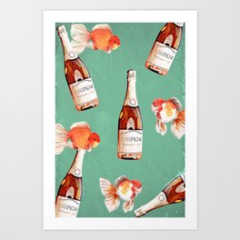 Champagne and Goldfish #decor #illustration Art Print