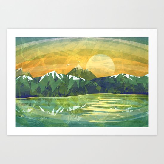 Mountains and Sunset over the lake Art Print