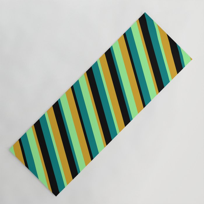 Green, Goldenrod, Black, and Teal Colored Lined/Striped Pattern Yoga Mat