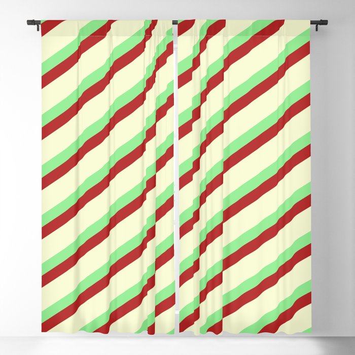 Light Green, Red, and Light Yellow Colored Lined/Striped Pattern Blackout Curtain
