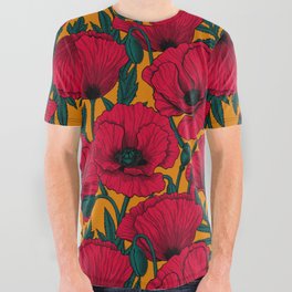 Red poppy garden    All Over Graphic Tee | Floral, Garden, Wildflowers, Vintage, Red, Nature, Vector, Pattern, Leaves, Poppy 