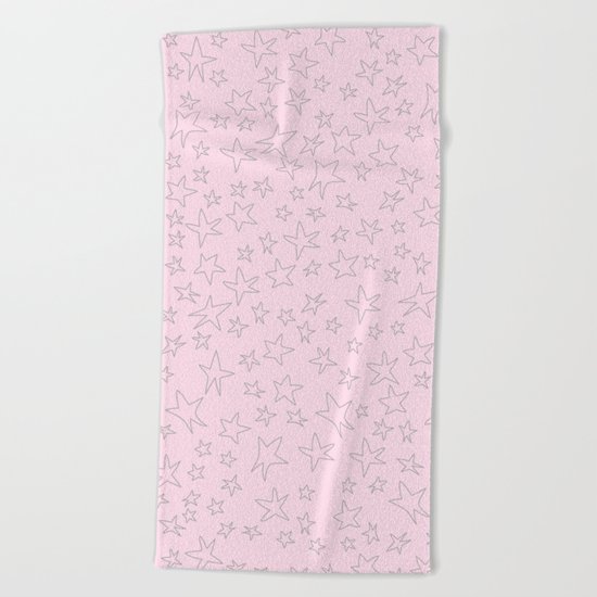 Grey handpainted little stars on pink backround Beach Towel