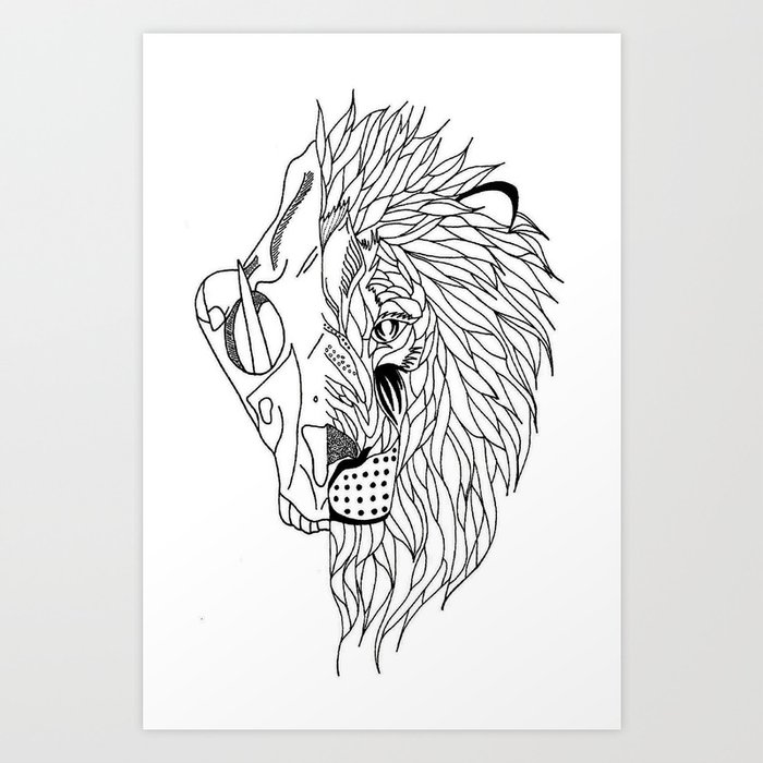 Half Lion Skull Half Lion Face Art Print By Smurfmonster Society6