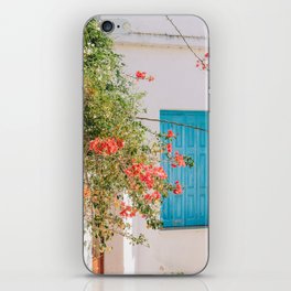 Vibrant Happy Summer Scene | Travel Photography on the Greek Islands | Urban Bright Shot with Red Flowers and Blue Shutters iPhone Skin