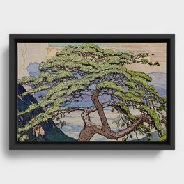 The Downwards Climbing - Summer Tree & Mountain Ukiyoe Nature Landscape in Green Framed Canvas